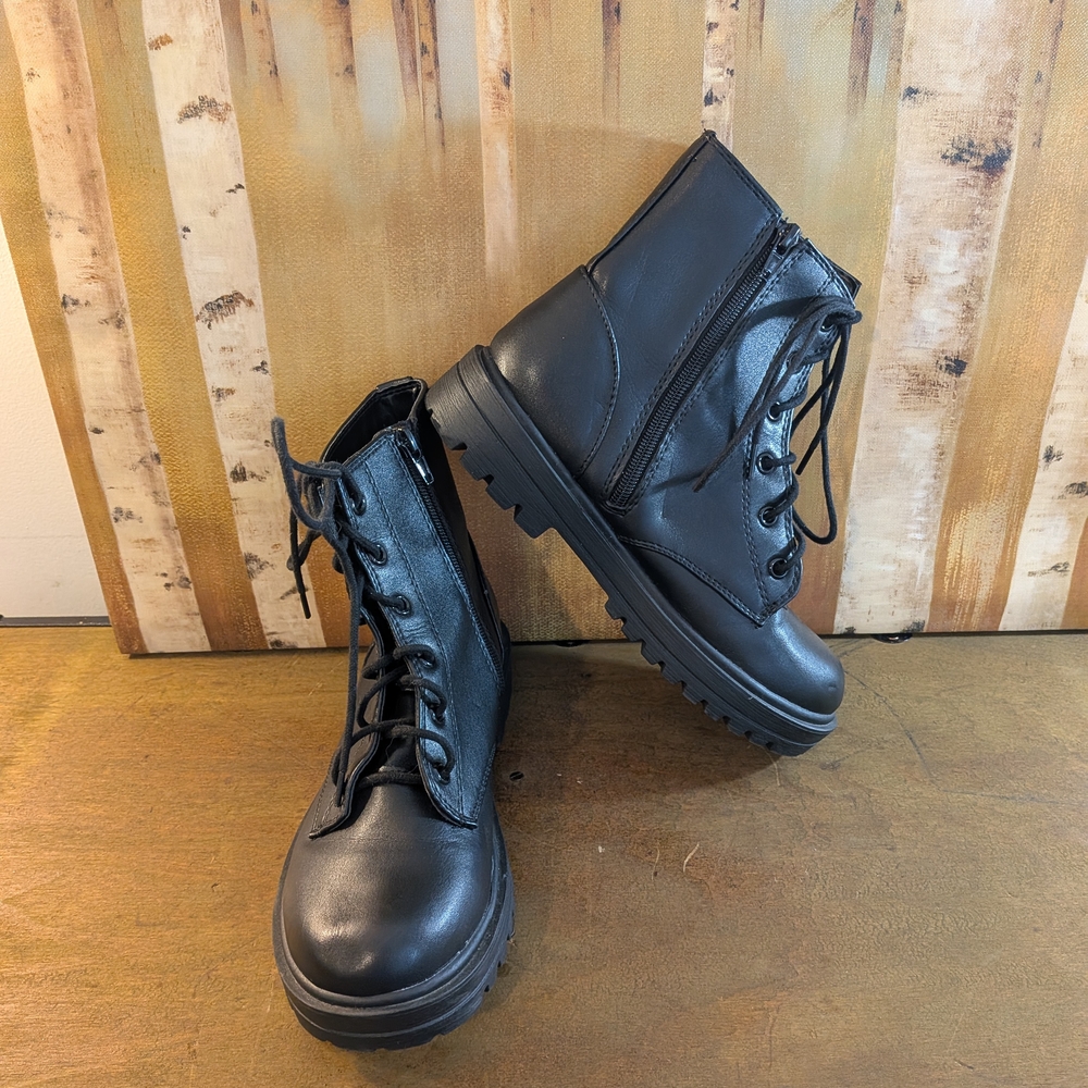 Unr8ted Black Faux Leather Combat Boots
